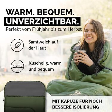Спальний мішок для кемпінгу з капюшоном до -3°C з подушкою - зимовий та літній спальний мішок на 3-4 сезони (75 x 220 см) - для жінок та чоловіків (теплий) Зелений 280GSM