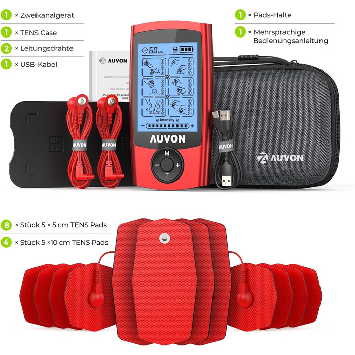 AUVON TENS пристрій для зняття болю: реінотерапія з 24 програмами, 2 канали, 12 електродів, EVA-сумка