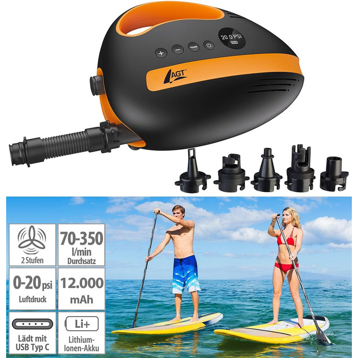Акумуляторний насос для SUP-дошок AGT SUP: потужний компресор, 350 л/хв, 3 x 4000 mAh, USB, 12V