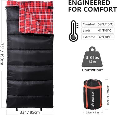 Спальний мішок BISINNA XL з бавовняного фланнелю для кемпінгу, 2-3 сезони, дорослий, чорний, 1.5 кг