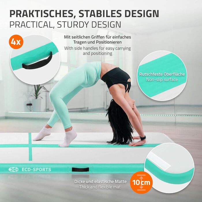 Гимнастичний мат Airtrack ECD Germany для тумблінгу та фітнесу, надувний мат для спорту та йоги з електричним насосом та сумкою, м'ятно-зелений (400 x 100 x 10 см)