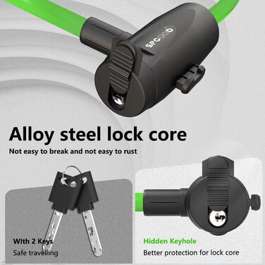 Замок для велосипеда 120см/12мм, високий рівень безпеки, кабельне спіральне кільце з 2 ключами, анти-крадіжка, для велосипеда, триколісного велосипеда, мотоцикла, скутера (зелений)