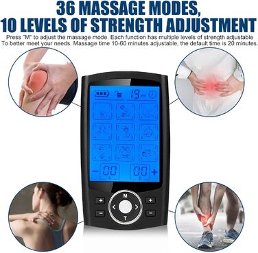 TENS пристрій для зняття болю: перезаряджуваний масажер з 36 програмами, EMS для спини, шиї, плечей, ніг (Чорний)