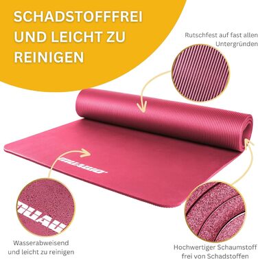 М'яка тренувальна мат Muawo для фітнесу, йоги та гімнастики | Нековзна, товста та довга | Рожева 190 x 60 x 1,5 см