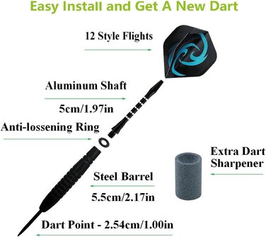 Сталеві дротики Dartpfeile (12 шт) 23г: Професійний набір для дартсу з металевим вістрям, алюмінієвим стеблом та 40 пір'ями