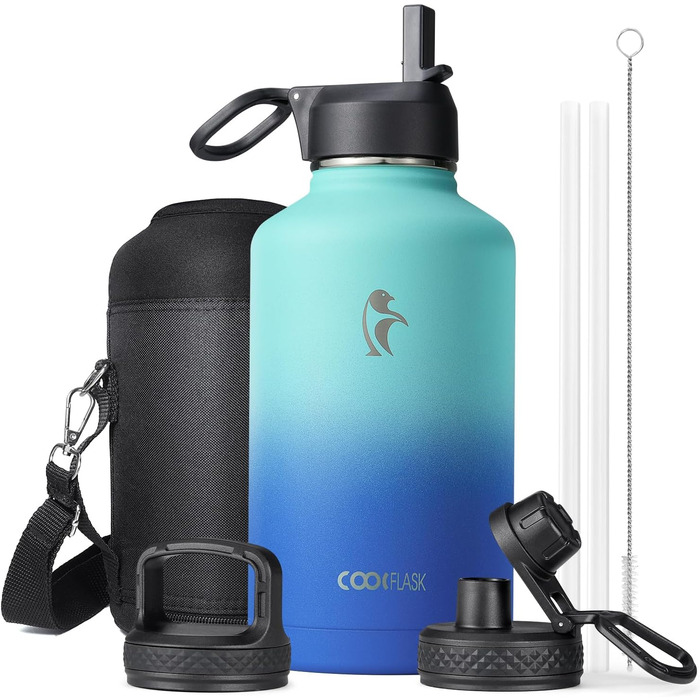 Ізольована пляшка для води Coolflask 2L з трубочкою та 3 кришками, з нержавіючої сталі, для спорту та офісу, подвійне вакуумне покриття, без витоку