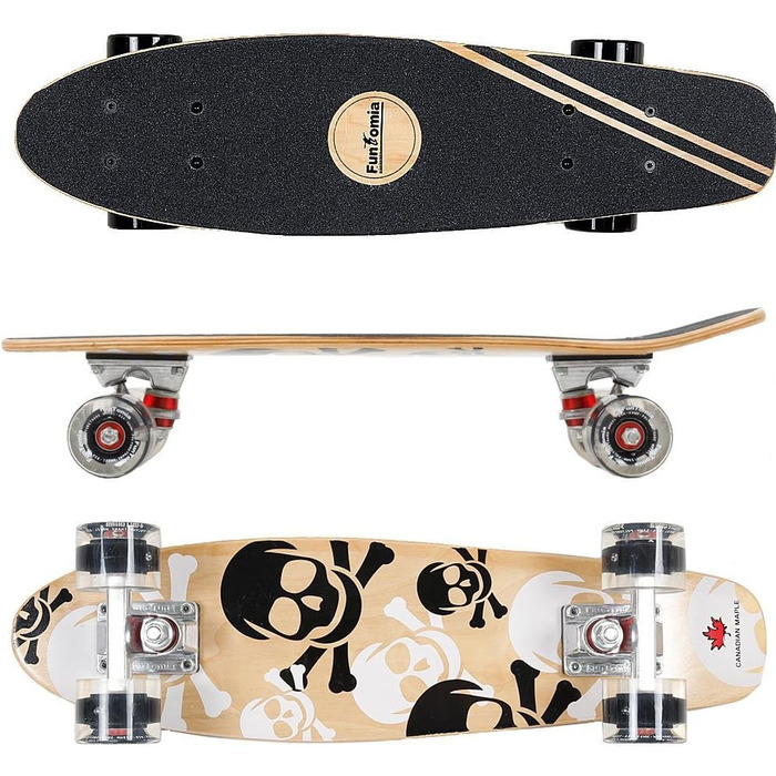 Скейтборд FunTomia Mini-Board Cruiser 57 см з 7-шарового канадського клену, підшипники Mach1 ABEC-9, білі з черепом, чорні LED-колеса