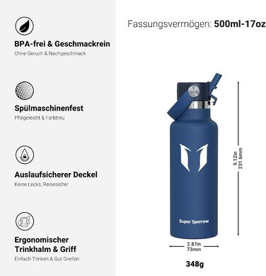 Термокружка-термос Super Sparrow з нержавіючої сталі з трубочкою - 350мл, 500мл, 750мл, 1л, 1.2л. Без BPA. Для спорту, подорожей, школи, активного відпочинку. Колір: блакитний (чорниця)