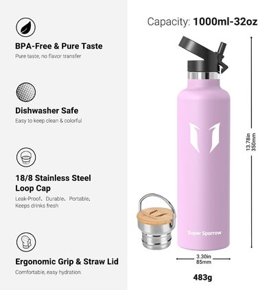 Термос-пляшка Super Sparrow з нержавіючої сталі - 350/500/620/750/1000 мл - Без витоку, BPA-Free. Ідеально для дітей, спорту, школи, фітнесу. З двома кришками (1000 мл, з квітковим дизайном)