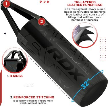 Боксерський мішок RDX 12 кг з рукавичками та мотузкою, 60 см, для дітей, чорний. Ідеально для боксу, кікбоксингу, MMA, муай-тай, карате. Боксерський мішок з натуральної шкіри Maya Hide.