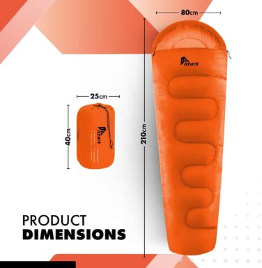 Спальний мішок Azark Premium, 350 г/м², легкий та водонепроникний, 4 сезони, для кемпінгу, піших прогулянок та відпочинку на природі, для дорослих та дітей, помаранчевий