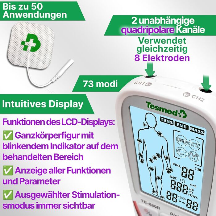 TESMED TE-880R Plus: Музелелектричний стимулятор TENS EMS, пристрій для зняття болю та масажу, 73 програми (2 налаштовуються), 8 електродів