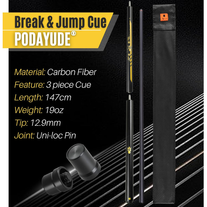 PODAYUDE Білліардний кий для стрибків та руйнування з карбону, 3 частини, 12.9 мм наконечник, 19 oz, чорний/жовтий