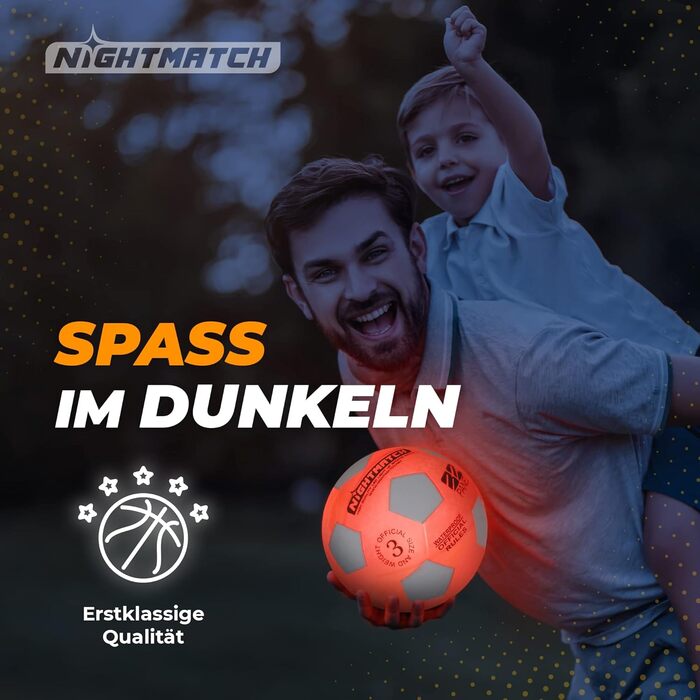 Світлодіодний футбольний м'яч NIGHTMATCH, офіційний розмір 3, для дітей, набір з 2 LED, сенсорний, світиться в темряві, біло-оранжевий