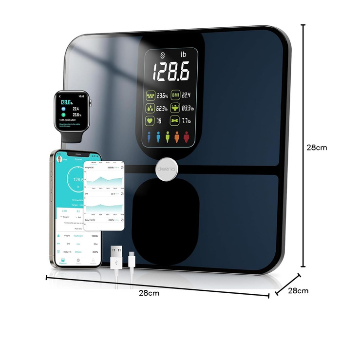 Електрична вага для вимірювання жиру та м'язової маси CHWARES. Цифрова вага з аналізом складу тіла, великий дисплей, 15 показників, до 180 кг, чорний колір