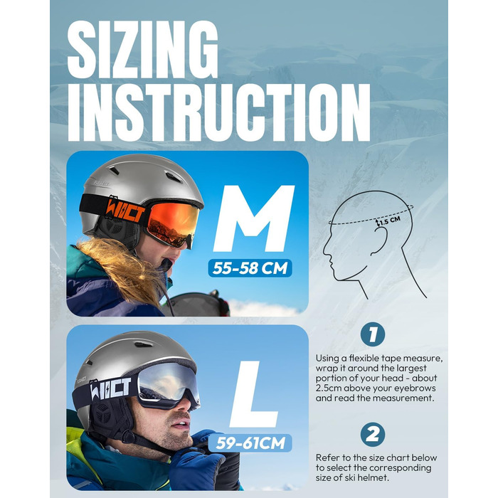 Шолом гірськолижний унісекс, регульований, 12 вентиляційних отворів, знімний внутрішній підкладковий шар та навушники, легкий сноуборд шолом для зимових видів спорту (сріблястий, L: 59-61 см)