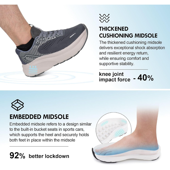 Чоловічі кросівки JACKSHIBO з широкою передньою частиною: для бігу, ходьби, занять спортом та тенісу. Подушка, товста підошва, без перепаду висоти, ширина 47 EU, сірий колір