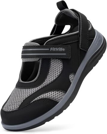 Сндалі для жінок FitVille з широкою колодкою для літніх місяців, модель Mary Jane, з застібкою на липучці (42.5 EU, чорні)