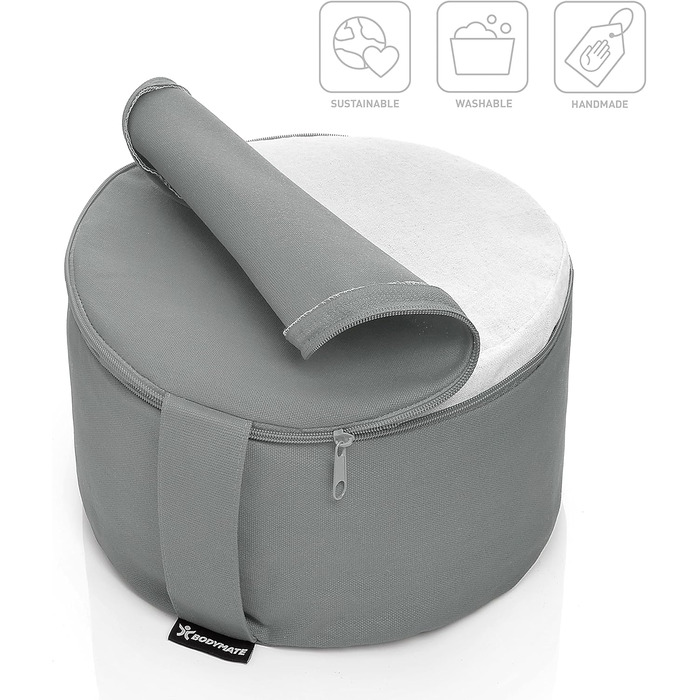 Подушка для йоги та медитації BODYMATE кругла 31 см, сіро-блакитна, з гречаним лушпинням, бавовняний чохол