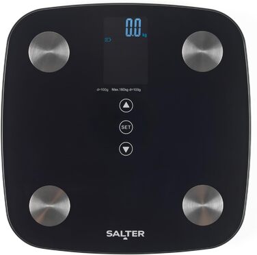 Електронна вага Salter для аналізу складу тіла – розумна вага з мультидисплеєм, 180 кг, 17 показників тіла (вага, жир, вода, м'язи, кістки, BMI, BMR), чорний колір