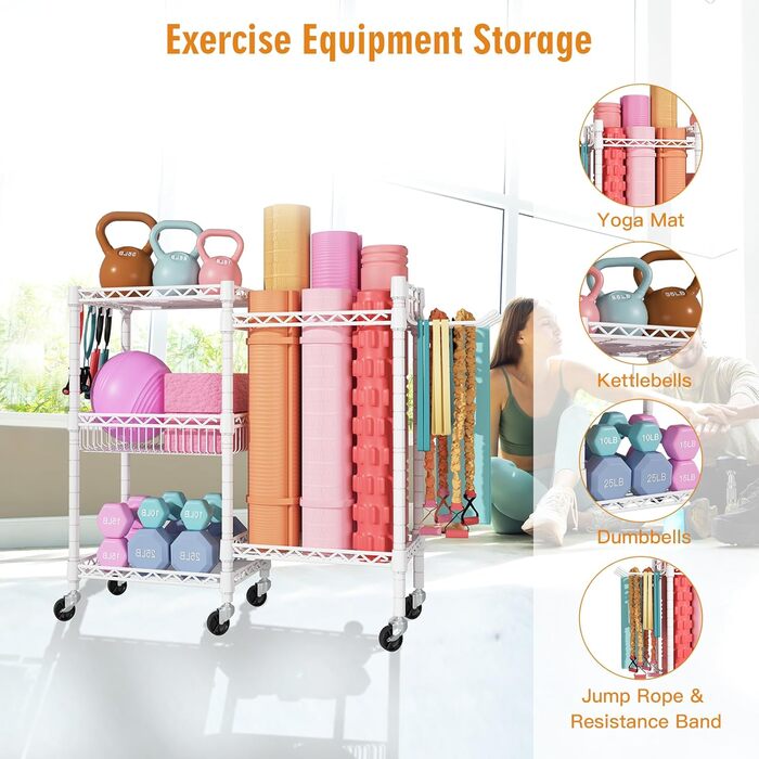 Органайзер для домашнього спортзалу FUTASSI з 3 рівнями, для килимків для йоги, ролерів, гантелей, гир та еластичних стрічок, білий/оптичний сад, подвійний ряд