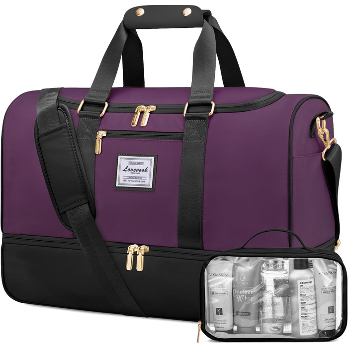 Спортивна сумка LOVEVOOK для подорожей: 37L, з культ. сумкою, відділенням для взуття та мокрих речей. Ідеальна для спортзалу, йоги, подорожей та авіаперельотів. Чорно-фіолетовий колір.