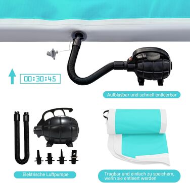 AKSPORT Килимок для гімнастики та акробатики з повітряною подушкою, 3/4/5/6 м, 10/20 см заввишки, 300x100x10 см, м'ятно-зелений