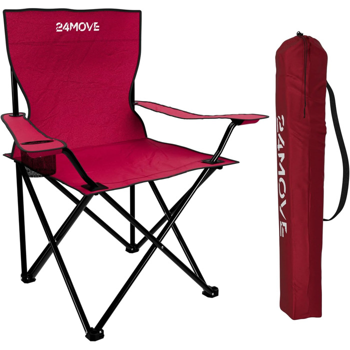 Набір з 2 шт. складних стільців 24MOVE® для кемпінгу та риболовлі з підстаканником - риболовний крісло, складаний стілець для саду, відпочинку, кемпінгу, червоний, поліестер