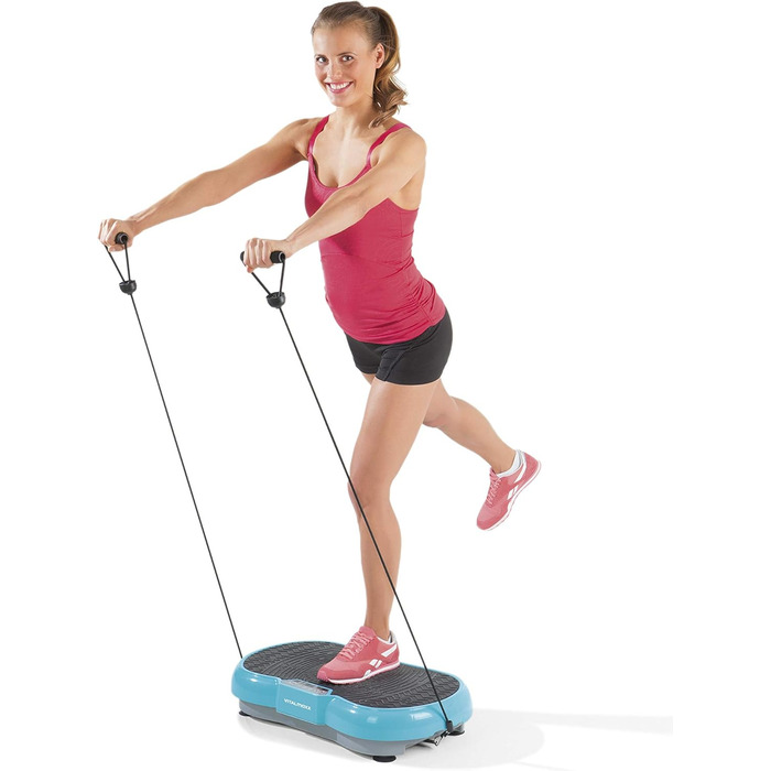 VITALmaxx Вібротренажер 200 Вт, 4-частини, блакитний, LCD-дисплей, пульт дистанційного керування, 99 рівнів вібрації, 9 програм, 3 зони вібрації, еспандери з ручками