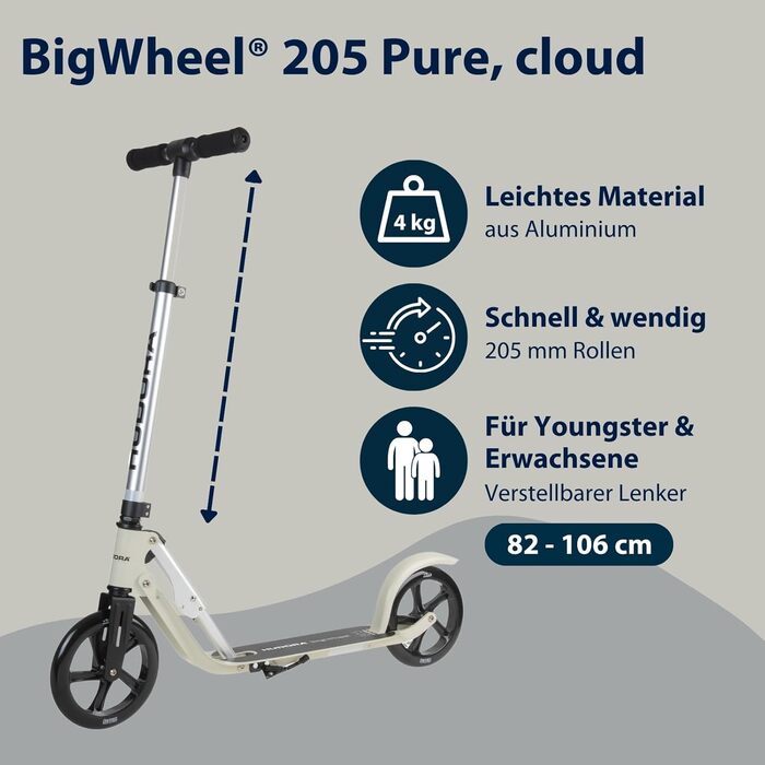 Самокат HUDORA BigWheel Pure алюмінієвий, складаний, міський, з підніжкою, регульована висота, до 100 кг, для дорослих та підлітків