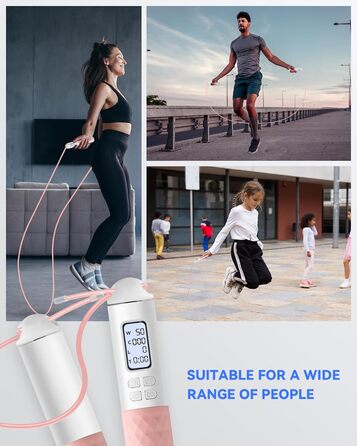 Стрибкове канат iMoebel з лічильником, регульований, швидкозмінний, сталевий трос, антиковзні ручки, підрахунок калорій, таймер для фітнесу, боксу, схуднення, кросфіту, рожево-білий