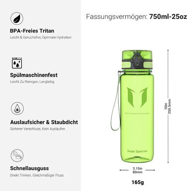 Спортивна пляшка для води Sparrow 750 мл, Tritan, без BPA, герметична з кришкою Flip Top, колір Glossy-Frucht Grün — для фітнесу, школи, офісу та подорожей