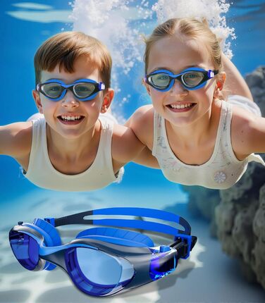 Дитячі окуляри для плавання Schwimmbrille: захист від УФ-променів та запобігання запотіванню, водонепроникні, для хлопчиків та дівчаток 6-14 років, сині + темно-сині