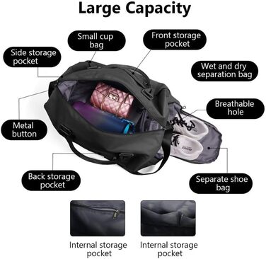 Спортивна сумка Flintronic, дорожня сумка, сумка-мішок з відділенням для взуття та мокрих речей, водонепроникна, для подорожей та спорту, чорна