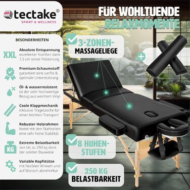 Мобільний масажний стіл tectake® 3-зонний, складаний, 7,5 см наповнювач, вантажопідйомність до 250 кг, масажна кушетка з аксесуарами: сумка, валики, для масажу, бежевий