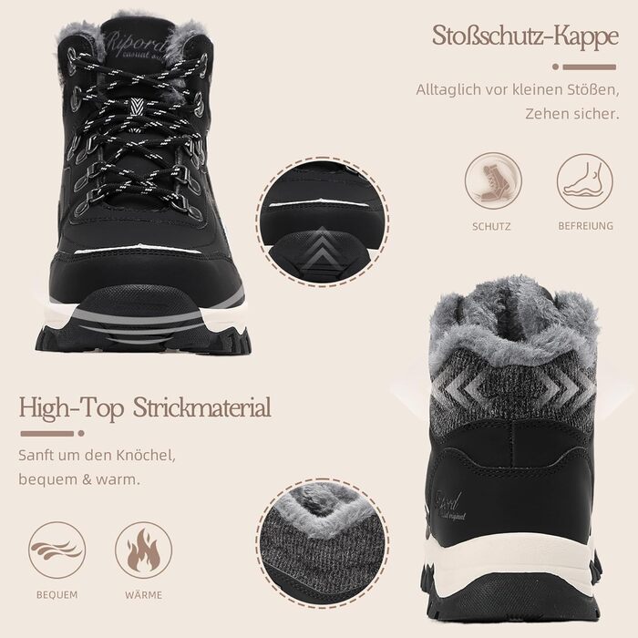Зимові черевики для жінок: теплі трекінгові черевики, снігоступи, розмір 36-41 (чорно-білі, 39 EU)