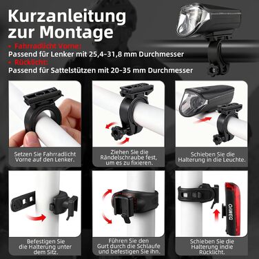 Набір переднього та заднього велоліхтаря з LED, StVZO, USB-C, водонепроникний, 100Lux + гальмівний індикатор, з батареєю