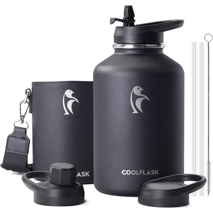 Термос-бутилка Coolflask 2 л з нержавіючої сталі з PU-чохлом, ізольована пляшка для води з кришкою та трубочкою, тримає холод 48 годин і тепло 24 години, чорна Polar