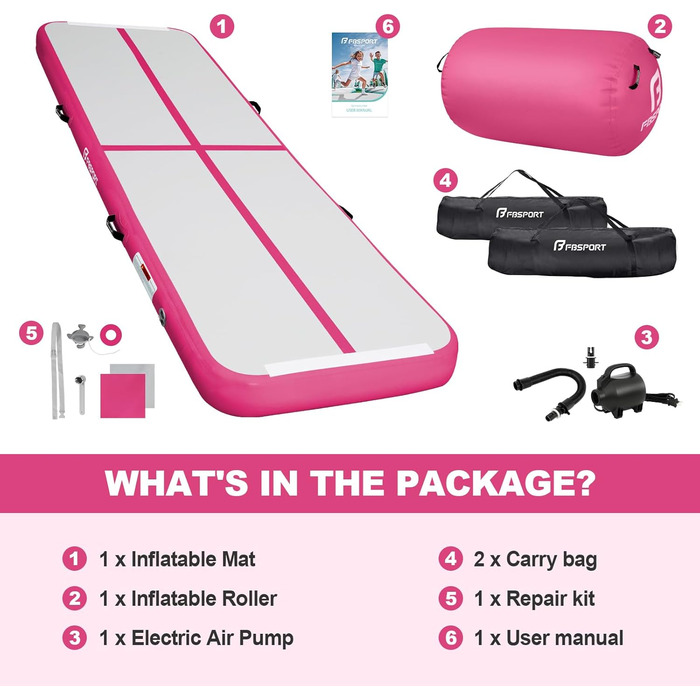 FBSPORT Килимок для гімнастики та йоги надувний, 400x100x10 см (рожевий) з ролею 100x60 см, 10 см товщини