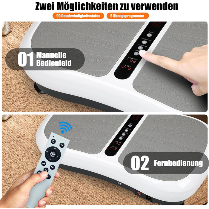 Вібраційна платформа для фітнесу: тренування вдома, 99 рівнів інтенсивності, 5 програм, Bluetooth, масаж, розвиток м'язів, EU-03W