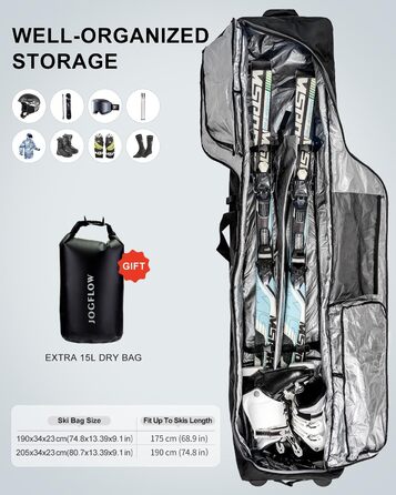 Скі-сумка Skitasche 360° з роликами, 1200D, чорна. Підходить для 175 см лиж