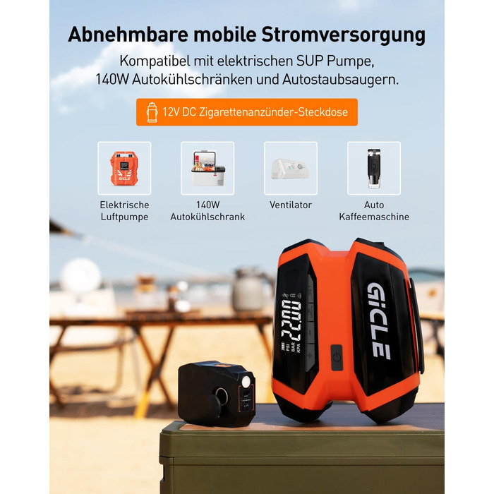 GICLE Електрична SUP-насос з акумулятором та портативним павербанком, 22 PSI, для SUP, човнів, наметів, каяків, перезаряджається (EU стандарт)