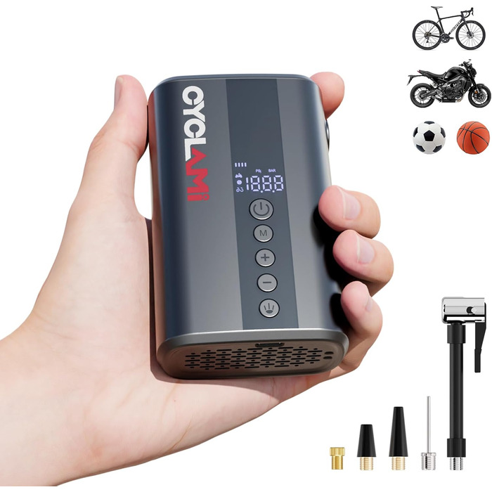Електрична велосипедна насосна помпа CYCLAMI 130 PSI з акумулятором, для шосейних та гірських велосипедів, підходить для Presta та Schrader вентилів
