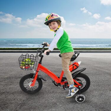 Дитяче велосипед 12 дюймів, для дітей 2-5 років з бічними колесами, тренувальний велосипед з пляшкою та кошиком, велосипед для дівчаток та хлопчиків, регульована висота, червоний