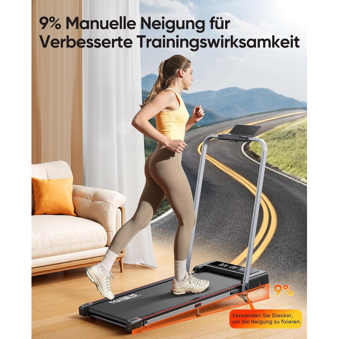 Бігова доріжка для дому 6-в-1 з регулюванням нахилу 9%, швидкість до 12 км/год, двигун 2.5 к.с., складана Walking Pad для офісу та дому, LED-дисплей, навантаження до 120 кг, сріблясто-чорна