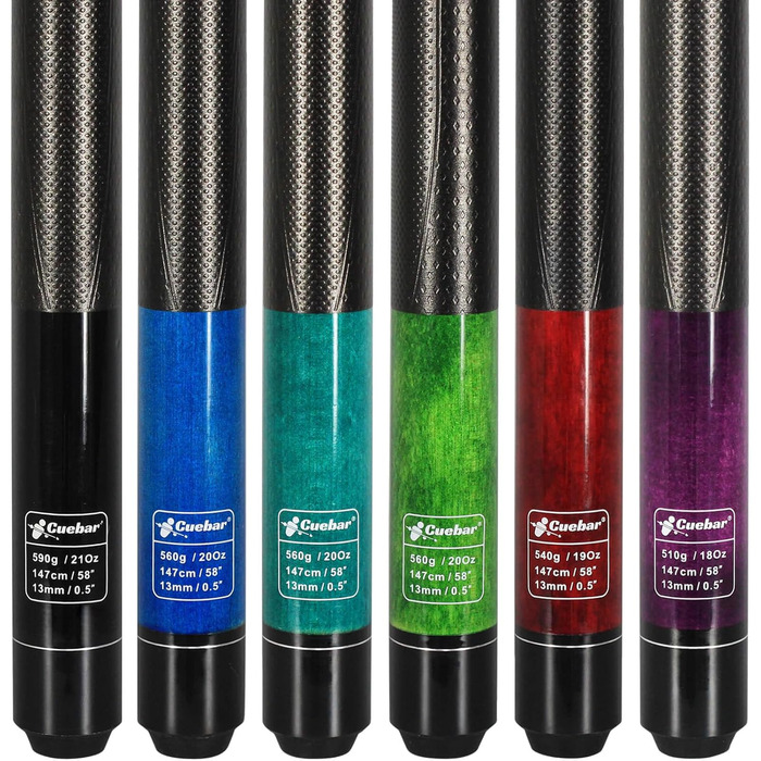 Набір київ для більяру CUEBAR (6 шт.) з 3D-рукояткою, 147,3 см. Підходить для чоловіків та жінок. Різні кольори (фіолетовий, червоний, зелений, блакитно-зелений, синій, чорний).