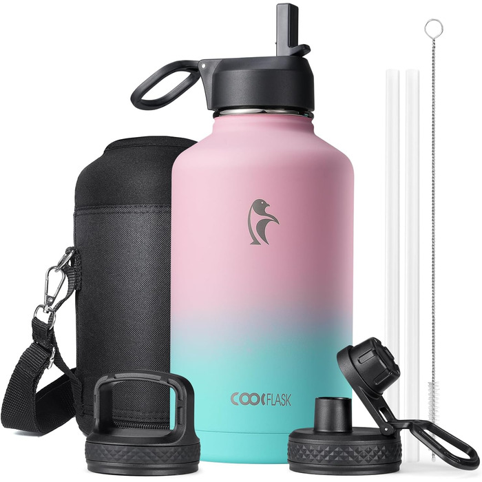 Термос-бутилка Coolflask 2 л з трубочкою та 3 кришками, нержавіюча сталь, вакуумна ізоляція, для спорту та офісу, колір Bubble Gum