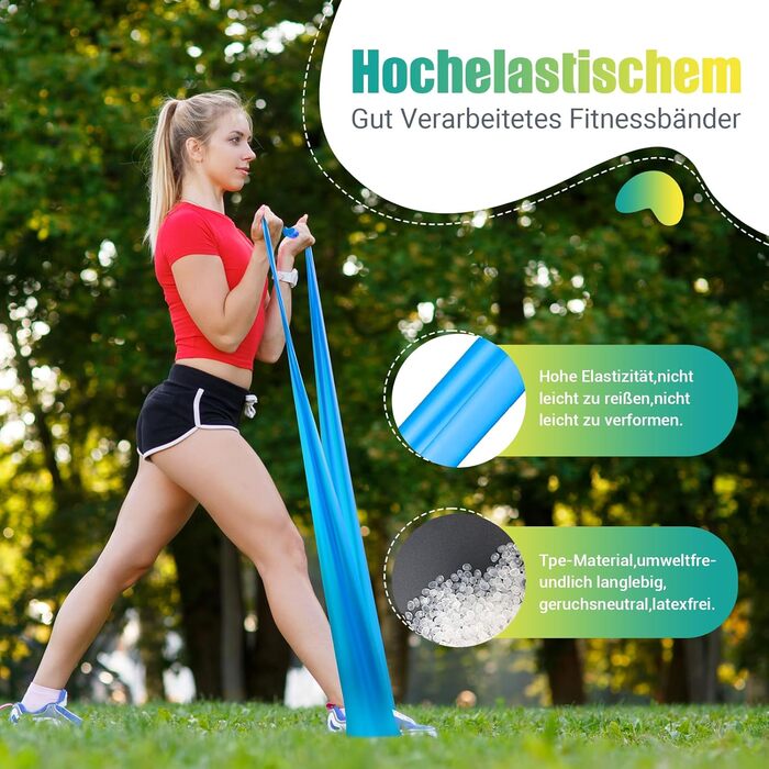 Набір фітнес-резинки 4 шт. (1.8M/2M), 4 рівні опору, постер з вправами, сумка для перенесення, інструкція, ідеально для йоги, пілатесу, м'язового тренування. Кольори: жовтий, червоний, зелений, синій (градієнт синього, 2.0 м)