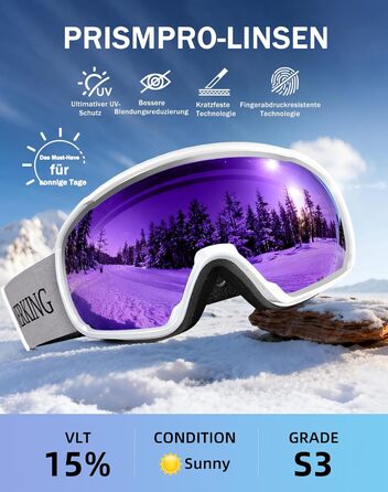 Окуляри гірськолижні Innerking OTG, проти запотівання, UV400, для корекції зору, подвійне скло, чоловічі/жіночі/підліткові, для катання на лижах та сноуборді A1 – Чорний/Срібний (VLT 11 %) (A3 – Білий/Фіолетовий (VLT 15 %))