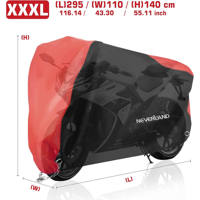 Водонепроникний чохол для мотоцикла NEVERLAND XXXL (255x75x145см), 300D Oxford, захисна навіс-гараж з замками та вітрозахистом, чорно-червоний